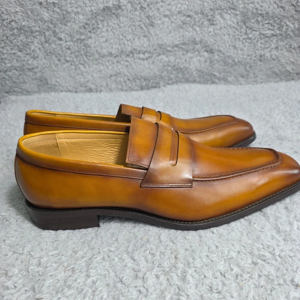 Maison Forte Seneca Cognac Burnished Leather Penny Loafers Square Toe Men 13 NEW